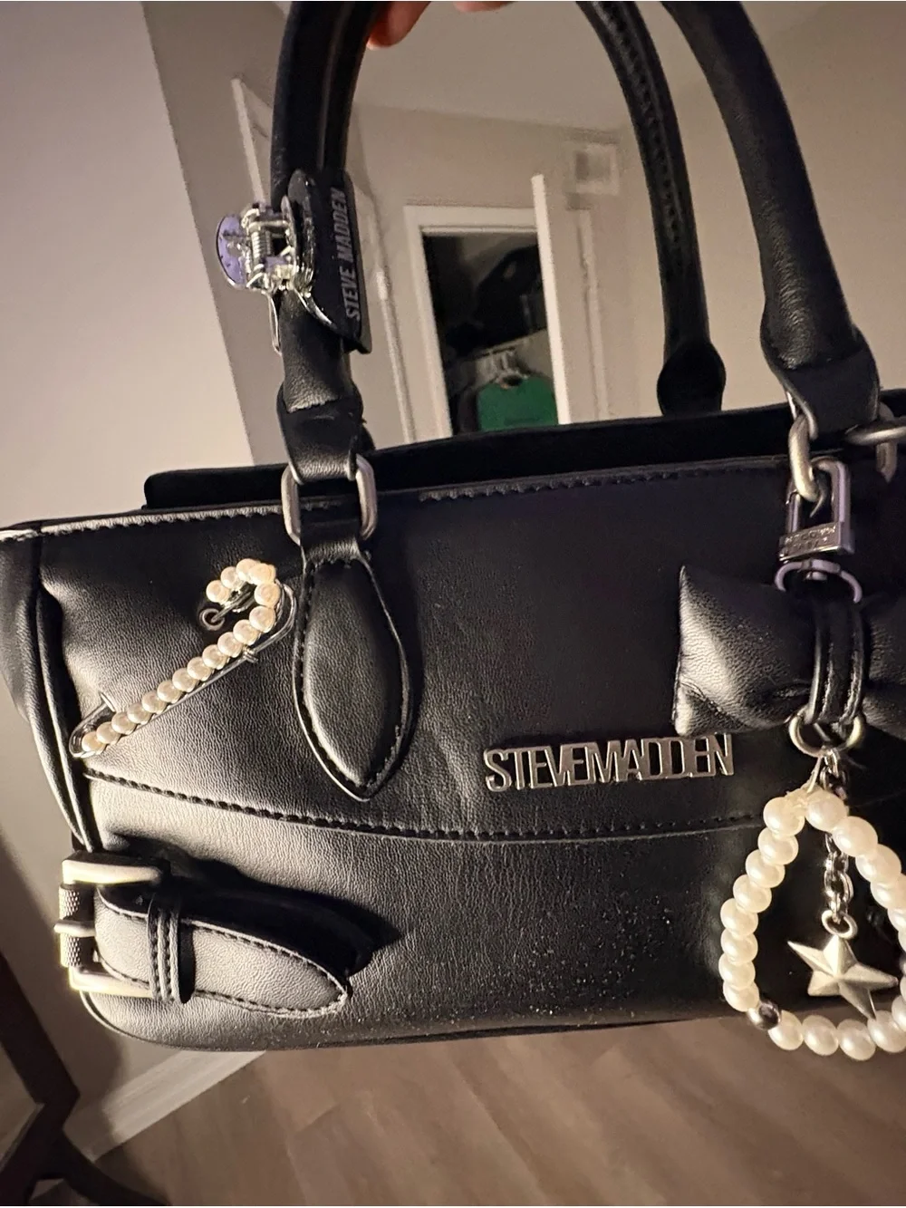 Steve Madden Black Satchel with Pearl Charm and Bow Detail